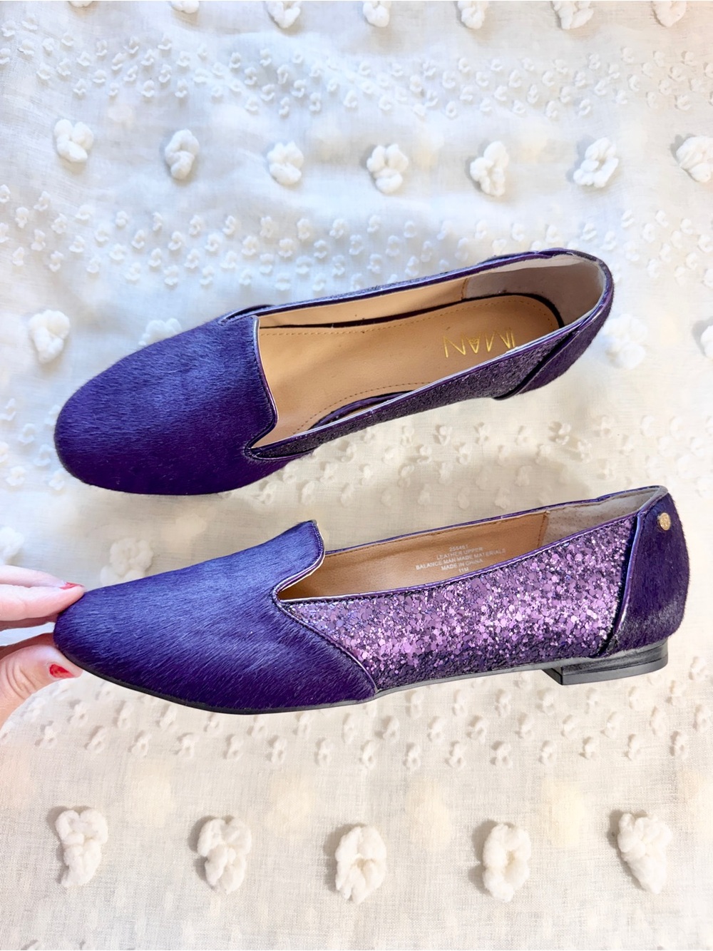 IMAN Purple Pony Hair Glitter Loafers 11 Smoking Slipper Glam Party Flats K21